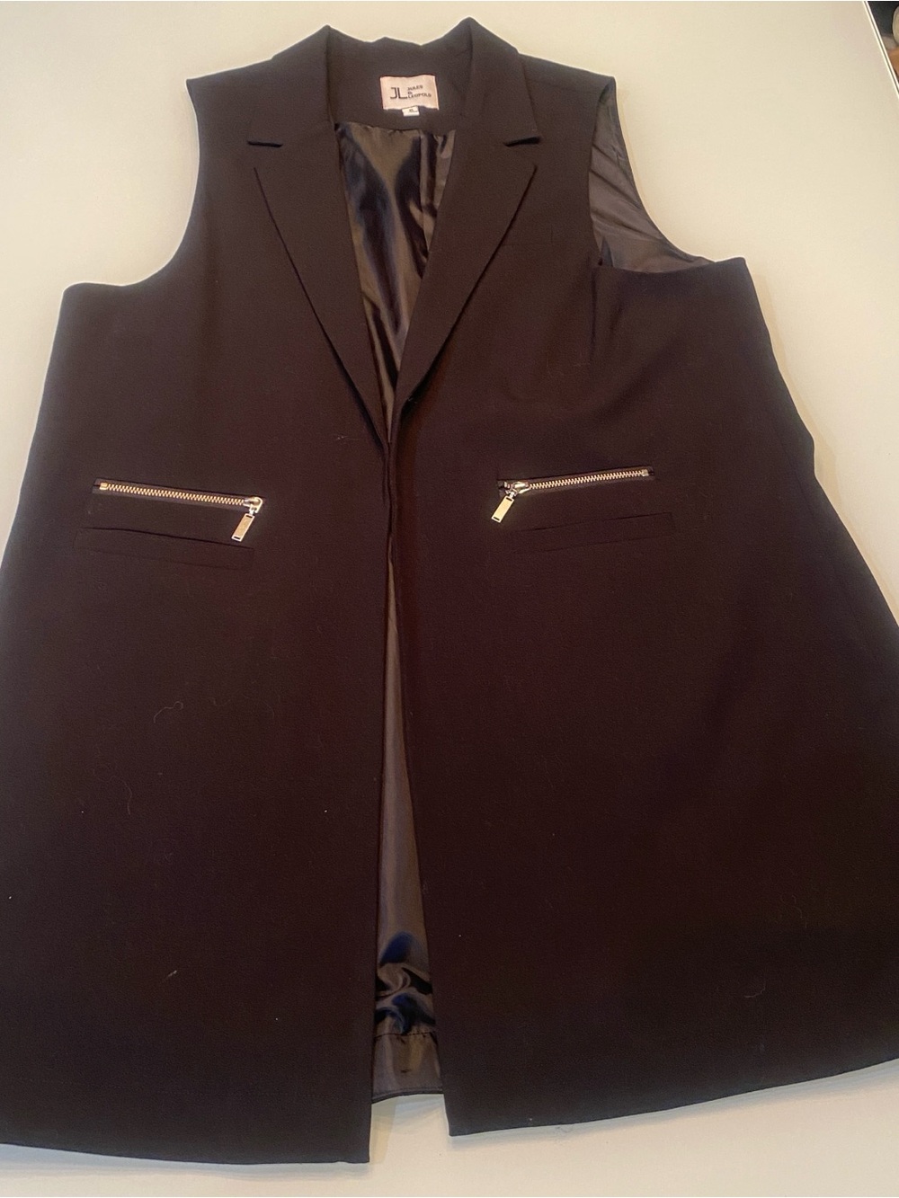 Jules & Leopold Black Longline Sleeveless Blazer Vest Jacket Zipper Pockets XL